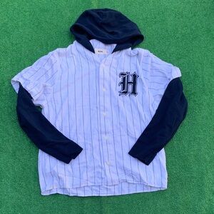 Striped Baseball-Style Hooded Button-Up with 'H' Patch - White & Navy